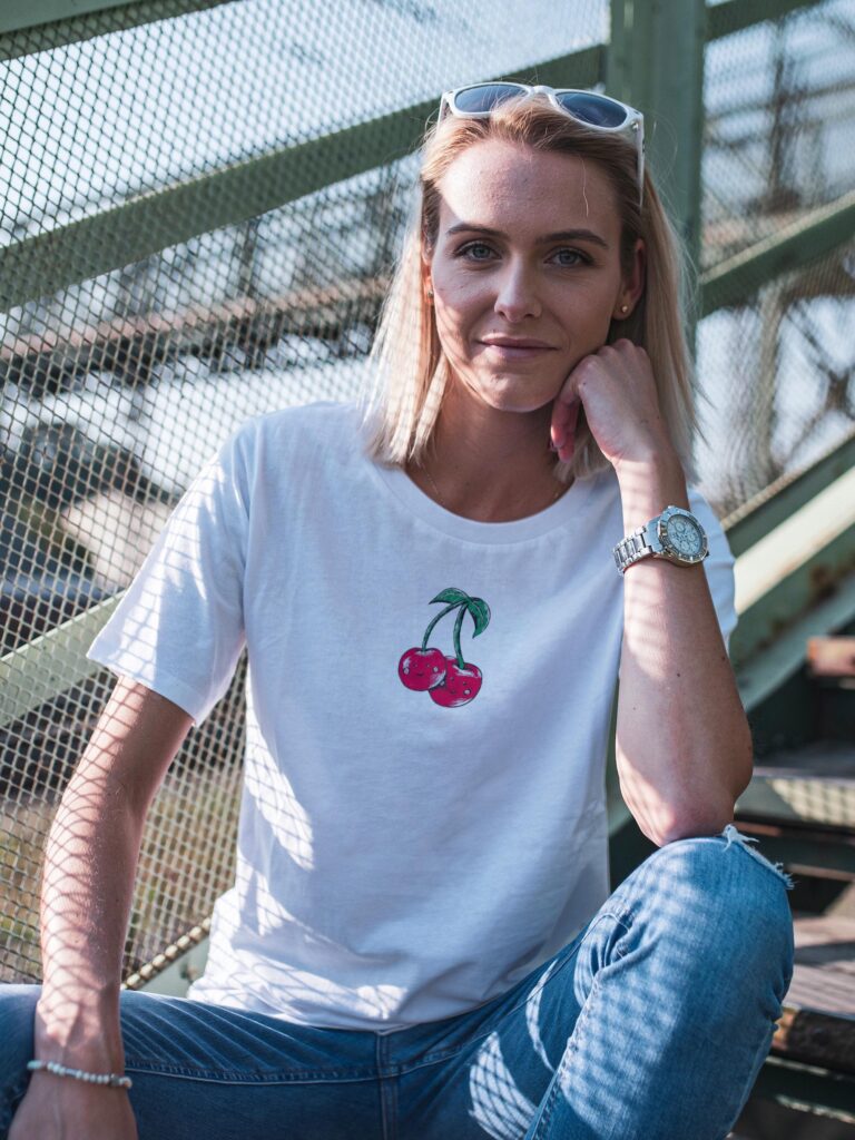 white t shirt with hand painted red cherries