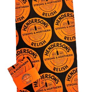 black and orange cotton and linen tea towel featuring Sheffield Henderson's relish logo